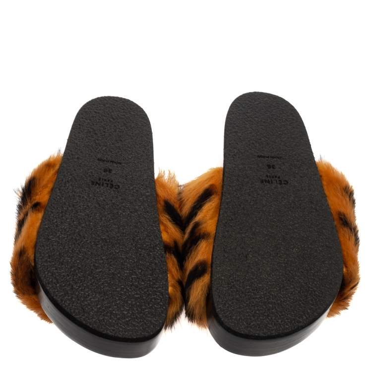 Pre Owned Celine Brown/Black Calf Hair Flat Slides Size 36