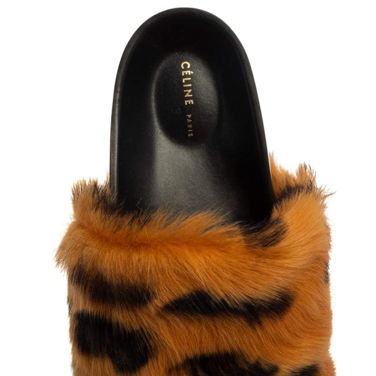 Pre Owned Celine Brown/Black Calf Hair Flat Slides Size 36