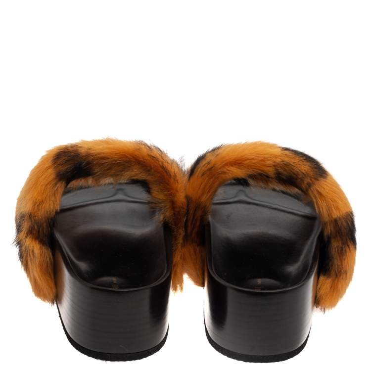 Pre Owned Celine Brown/Black Calf Hair Flat Slides Size 36