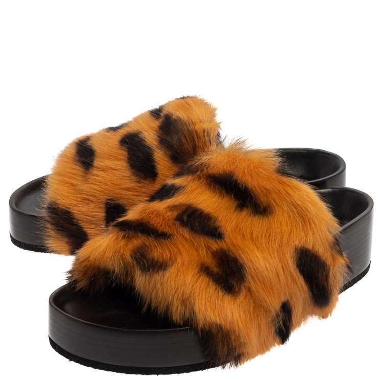 Pre Owned Celine Brown/Black Calf Hair Flat Slides Size 36