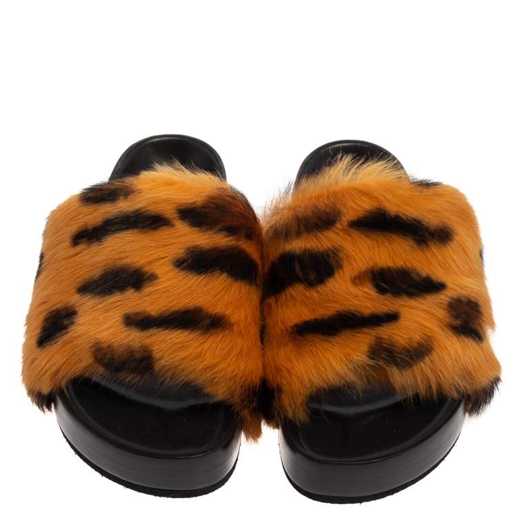 Pre Owned Celine Brown/Black Calf Hair Flat Slides Size 36