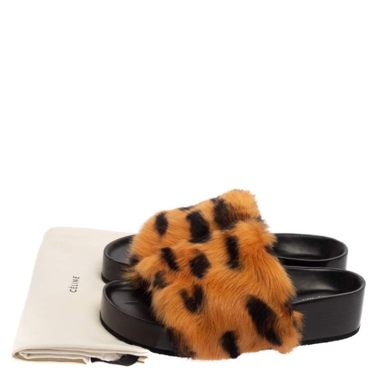 Pre Owned Celine Brown/Black Calf Hair Flat Slides Size 36