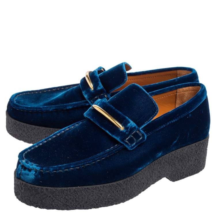 مملوكة مسبقًا Celine Blue Velvet Sleek Platform Loafers Size 38