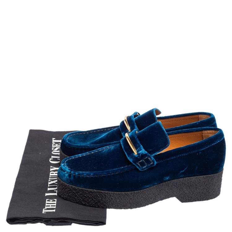 مملوكة مسبقًا Celine Blue Velvet Sleek Platform Loafers Size 38