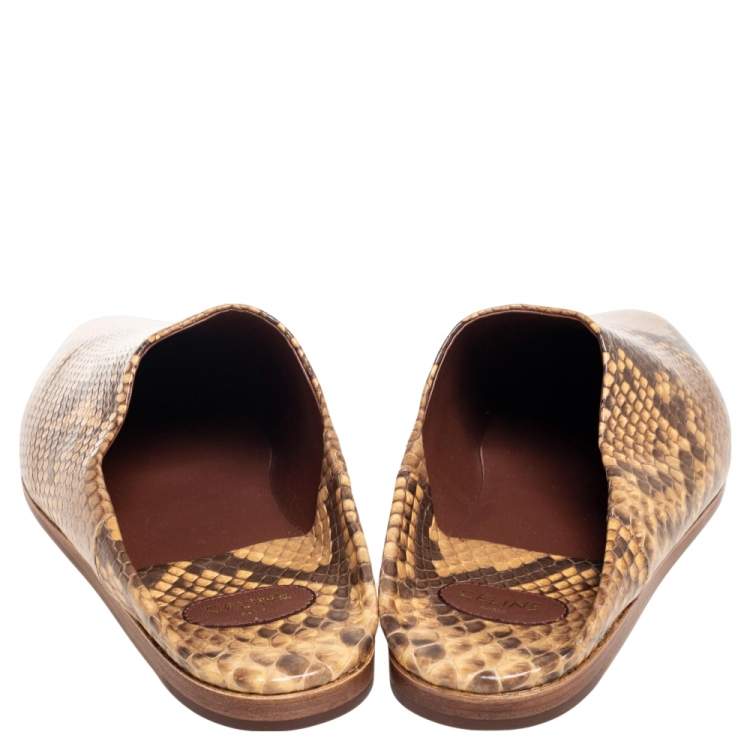 Pre Owned  Celine Mustard/Brown Python Embossed Leather Jacno Babouche Flat Mules Size 38