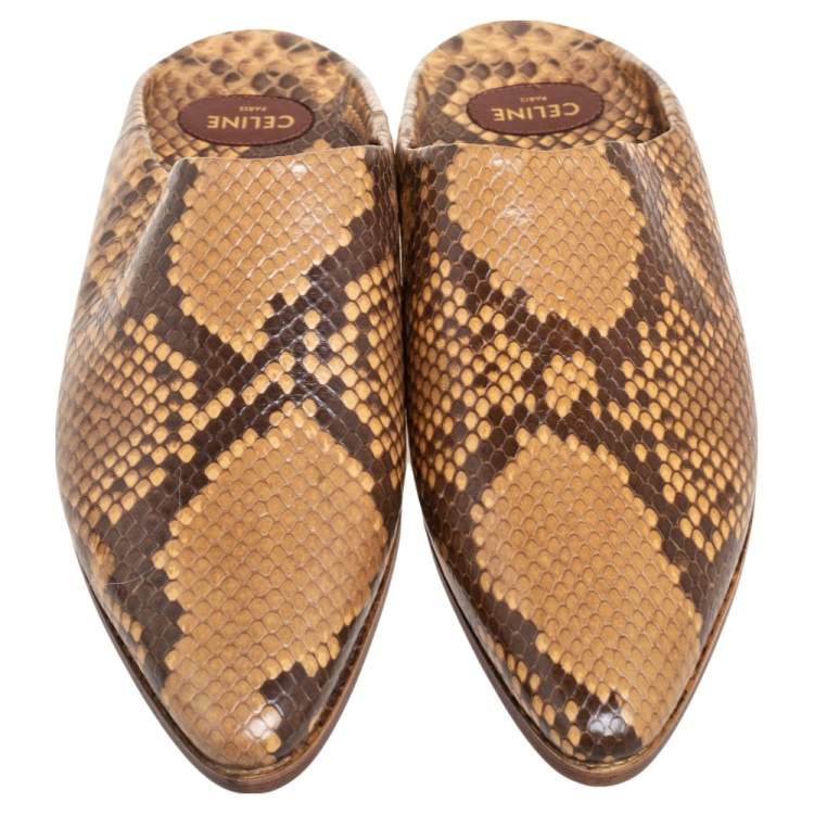 Pre Owned  Celine Mustard/Brown Python Embossed Leather Jacno Babouche Flat Mules Size 38