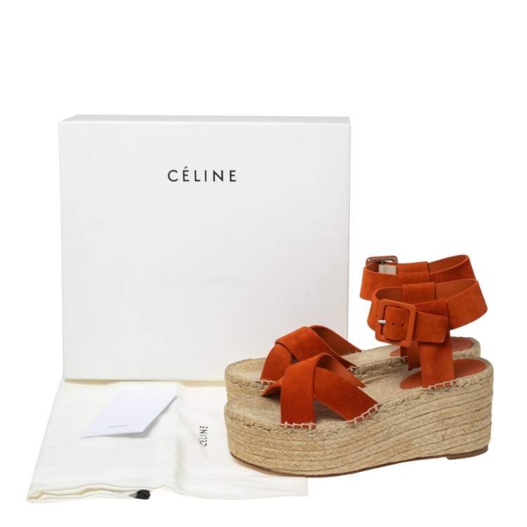 Pre Owned Celine Orange Suede Crisscross Espadrille Wedge Sandals Size 39