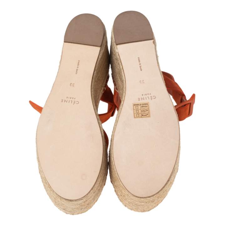 Pre Owned Celine Orange Suede Crisscross Espadrille Wedge Sandals Size 39
