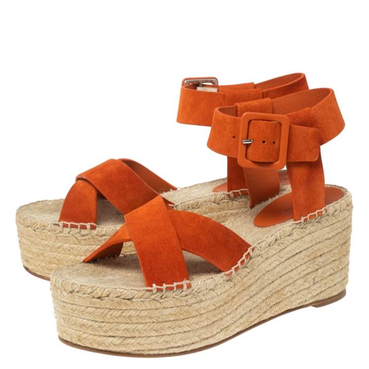 Pre Owned Celine Orange Suede Crisscross Espadrille Wedge Sandals Size 39