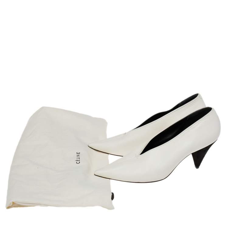Pre Owned Celine Off-White Leather V Neck Pointed-Toe Pumps Size 38