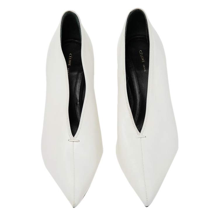 Pre Owned Celine Off-White Leather V Neck Pointed-Toe Pumps Size 38