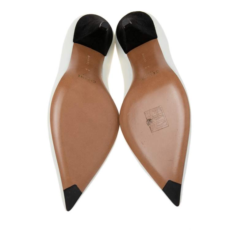 Pre Owned Celine Off-White Leather V Neck Pointed-Toe Pumps Size 38