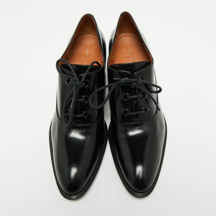مملوكة مسبقًا Celine Black Glossy Leather Lace Up Heel Derby Size 41