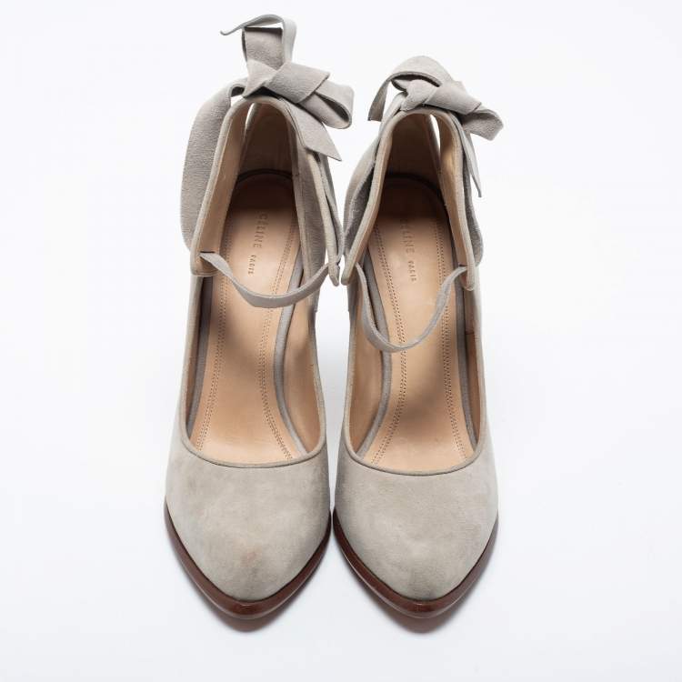Pre Owned Celine Grey Suede Tie Around Ankle Strap Pumps Size 37.5
