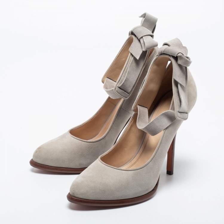 Pre Owned Celine Grey Suede Tie Around Ankle Strap Pumps Size 37.5