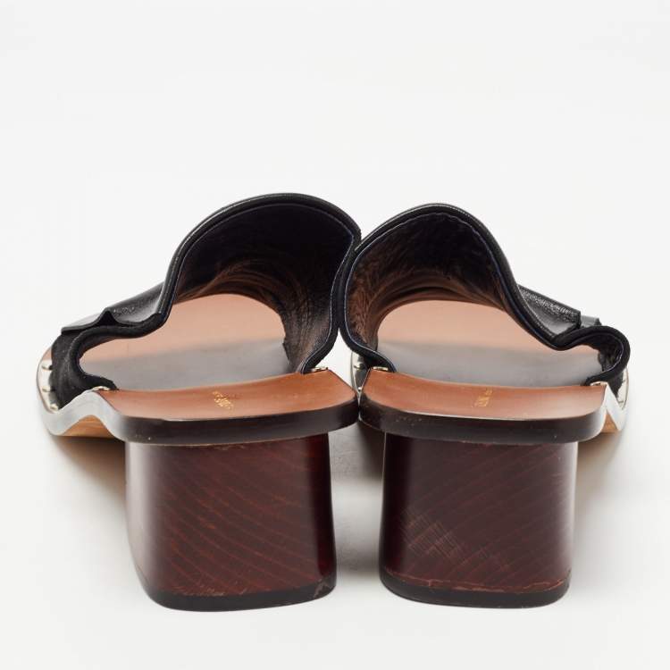 Pre Owned Celine Black Leather and Suede Block Heel Slide Sandals Size 38.5 