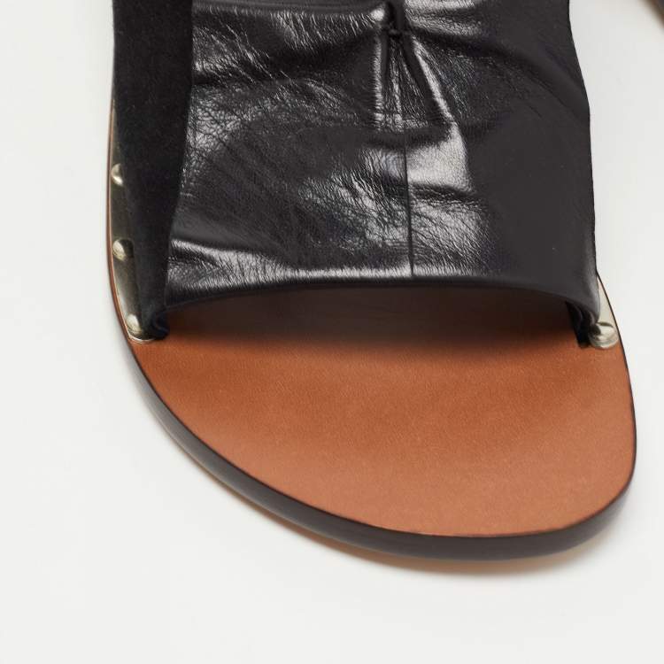 Pre Owned Celine Black Leather and Suede Block Heel Slide Sandals Size 38.5 