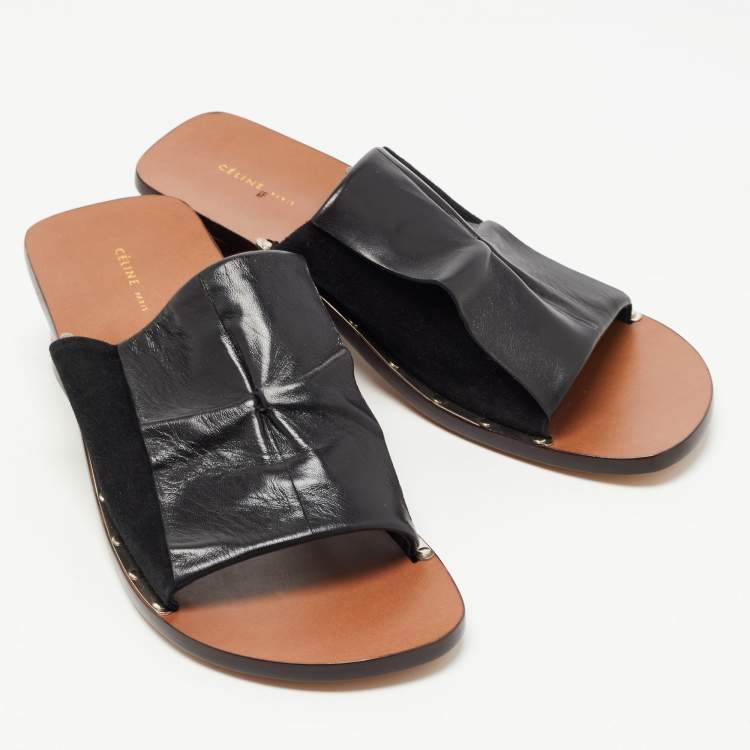 Pre Owned Celine Black Leather and Suede Block Heel Slide Sandals Size 38.5 