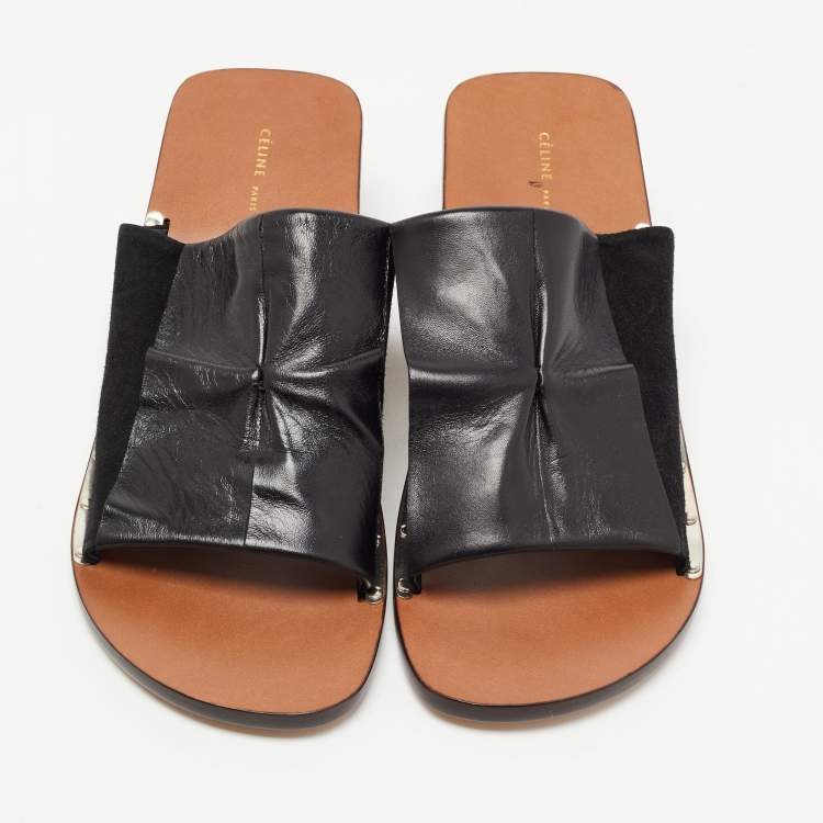 Pre Owned Celine Black Leather and Suede Block Heel Slide Sandals Size 38.5 
