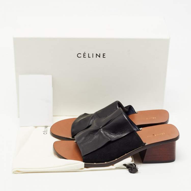 Pre Owned Celine Black Leather and Suede Block Heel Slide Sandals Size 38.5 