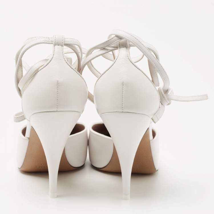 Pre Owned Celine White Leather Night Out T-Strap Ankle Wrap Sandals Size 36