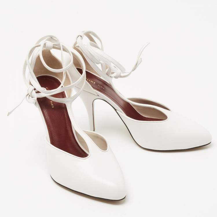 Pre Owned Celine White Leather Night Out T-Strap Ankle Wrap Sandals Size 36