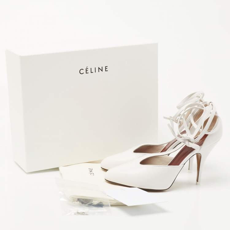 Pre Owned Celine White Leather Night Out T-Strap Ankle Wrap Sandals Size 36