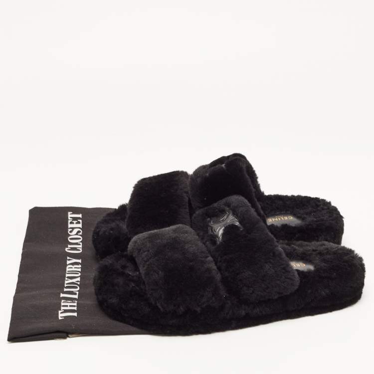 Pre Owned Celine Black Fur Slides Size 37
