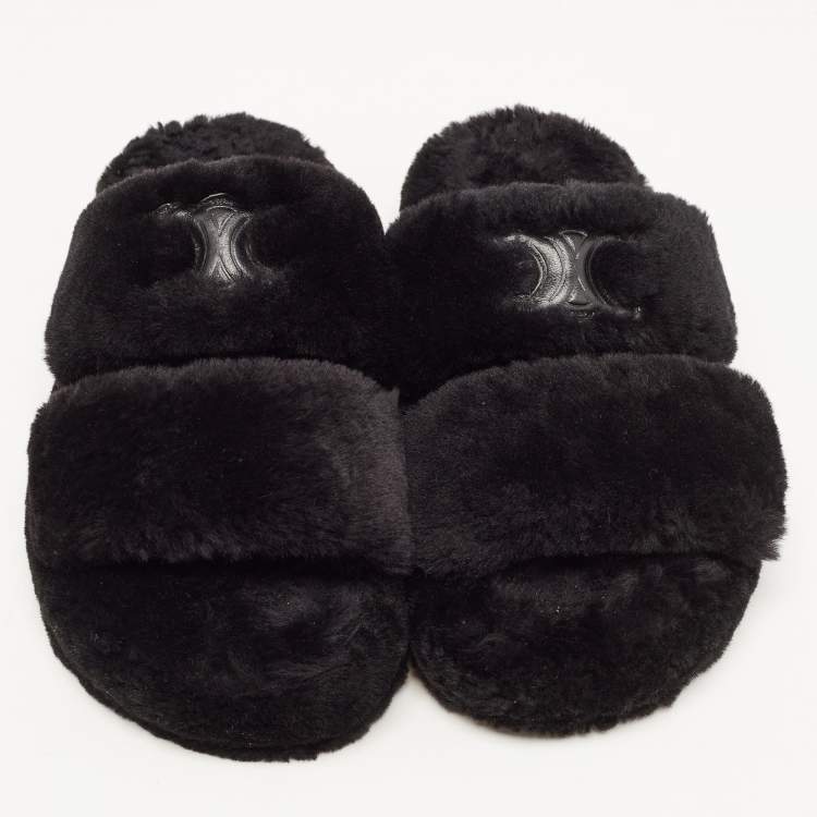 Pre Owned Celine Black Fur Slides Size 37