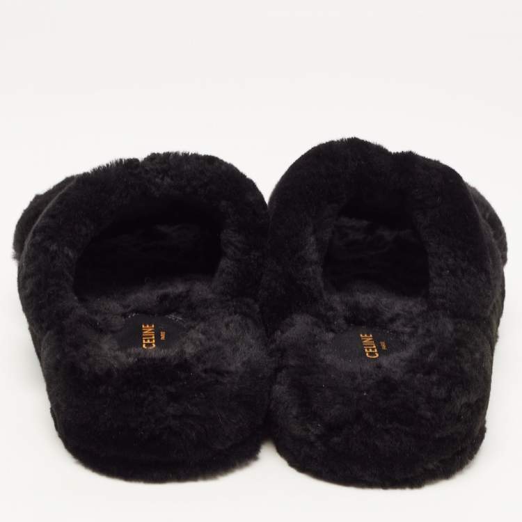 Pre Owned Celine Black Fur Slides Size 37
