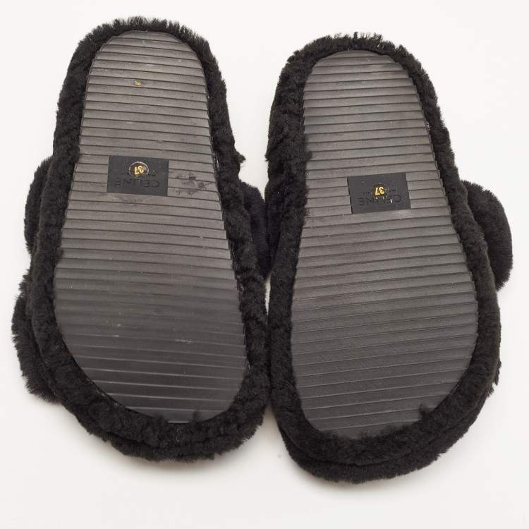 Pre Owned Celine Black Fur Slides Size 37