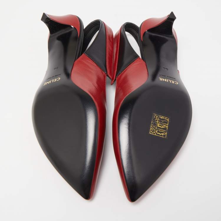 Pre Owned Celine Red Leather V Neck Slingback Sandals Size 36