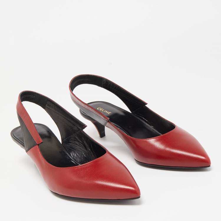 Pre Owned Celine Red Leather V Neck Slingback Sandals Size 36