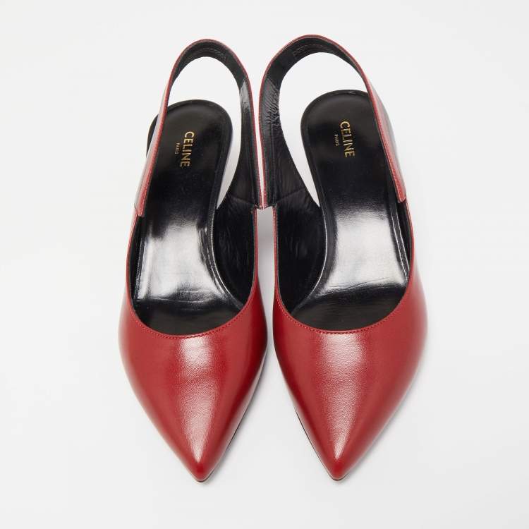 Pre Owned Celine Red Leather V Neck Slingback Sandals Size 36