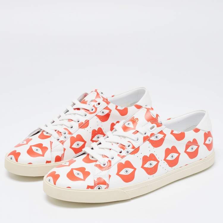 Pre Owned Celine White/Red Lip Eye Print Leather Low Top Sneakers Size 41