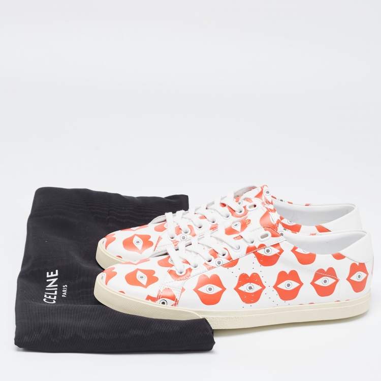 Pre Owned Celine White/Red Lip Eye Print Leather Low Top Sneakers Size 41
