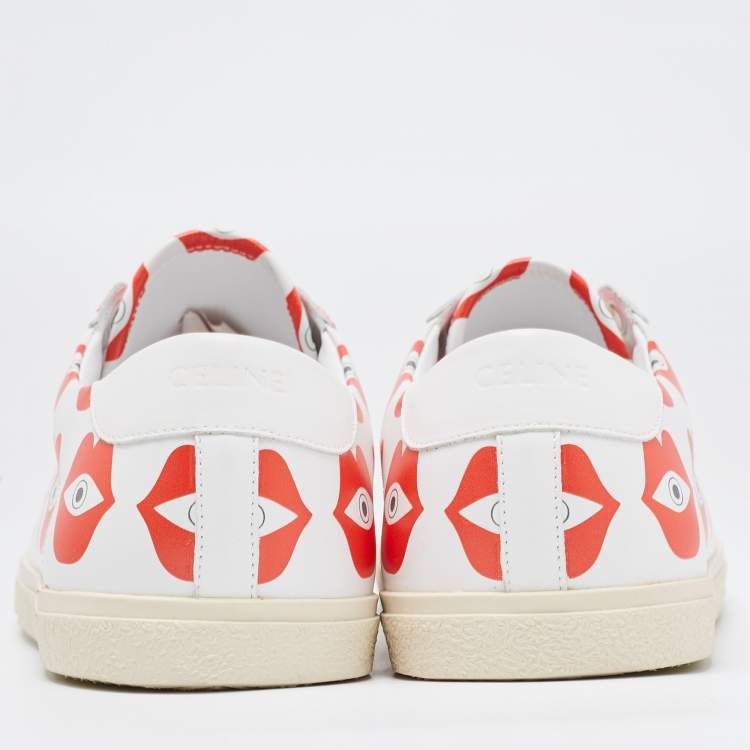 Pre Owned Celine White/Red Lip Eye Print Leather Low Top Sneakers Size 41