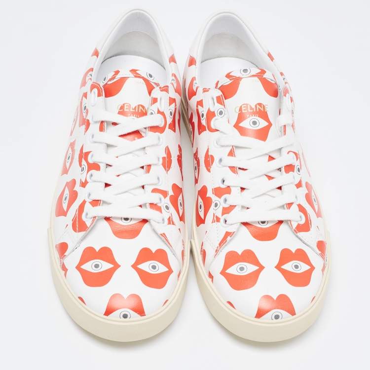 Pre Owned Celine White/Red Lip Eye Print Leather Low Top Sneakers Size 41