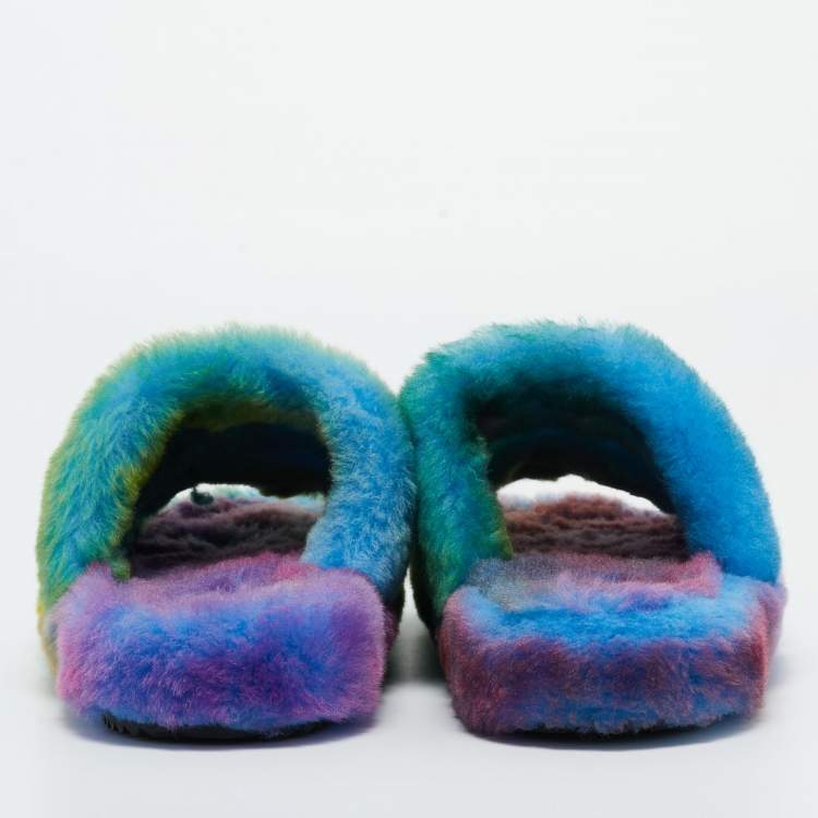 Pre Owned Celine Multicolor  Fur Flat Slides Size 36  