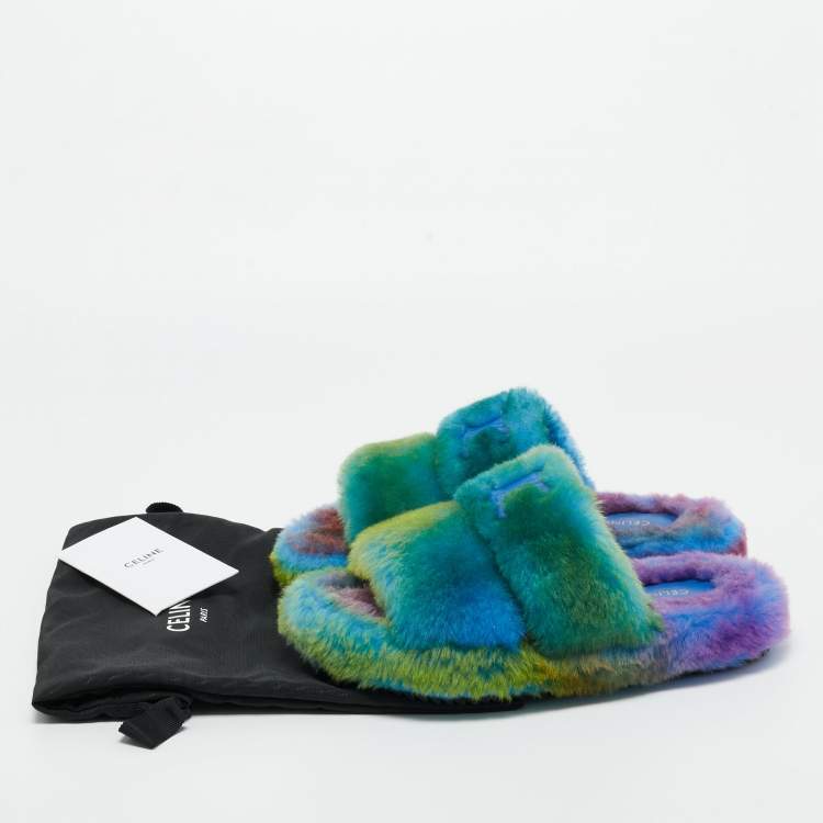 Pre Owned Celine Multicolor  Fur Flat Slides Size 36  