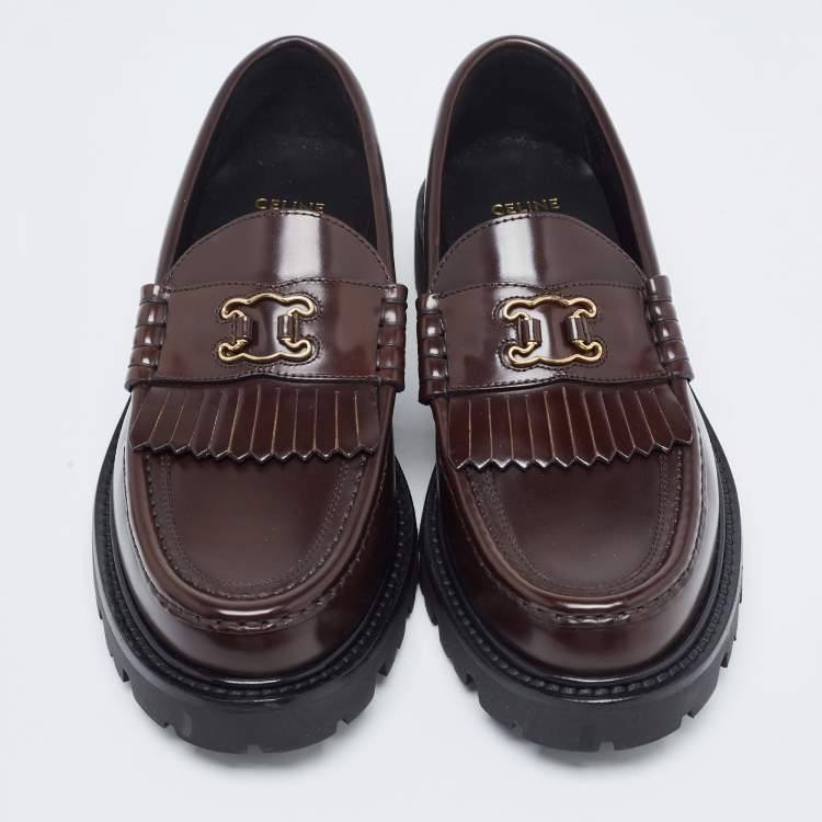 Pre Owned Celine Brown Leather Triomphe Frame Margaret Loafers Size 38