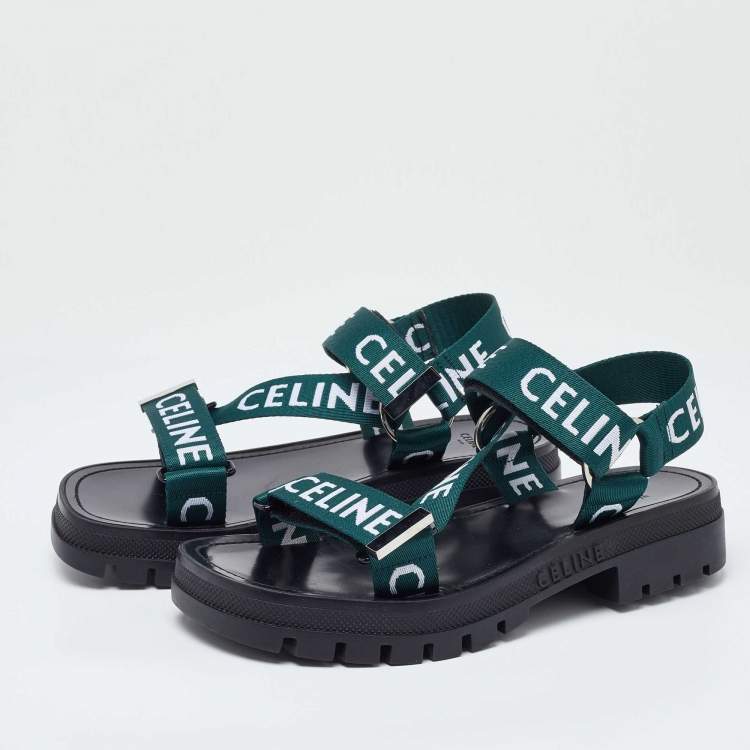 Pre Owned Celine Green/White Nylon Velcro Ankle Strap Sandals Size 40