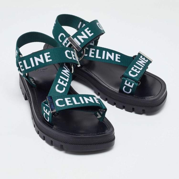 Pre Owned Celine Green/White Nylon Velcro Ankle Strap Sandals Size 40
