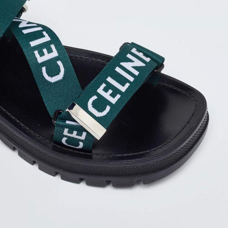 Pre Owned Celine Green/White Nylon Velcro Ankle Strap Sandals Size 40