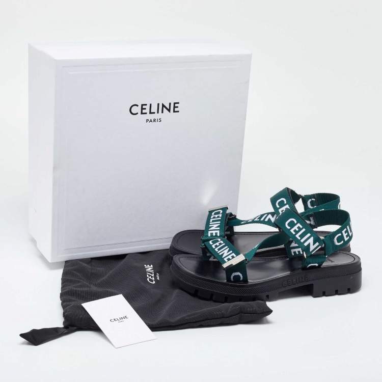 Pre Owned Celine Green/White Nylon Velcro Ankle Strap Sandals Size 40