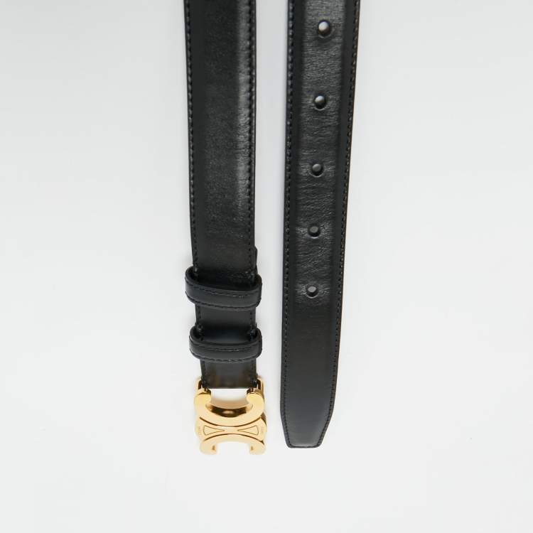 Pre Owned Celine Black Leather Triomphe Buckle Belt 90CM