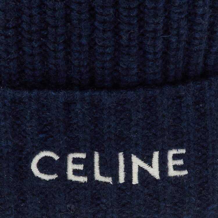 Pre Owned Celine Navy Blue Logo Cashmere Knit Beanie One Size