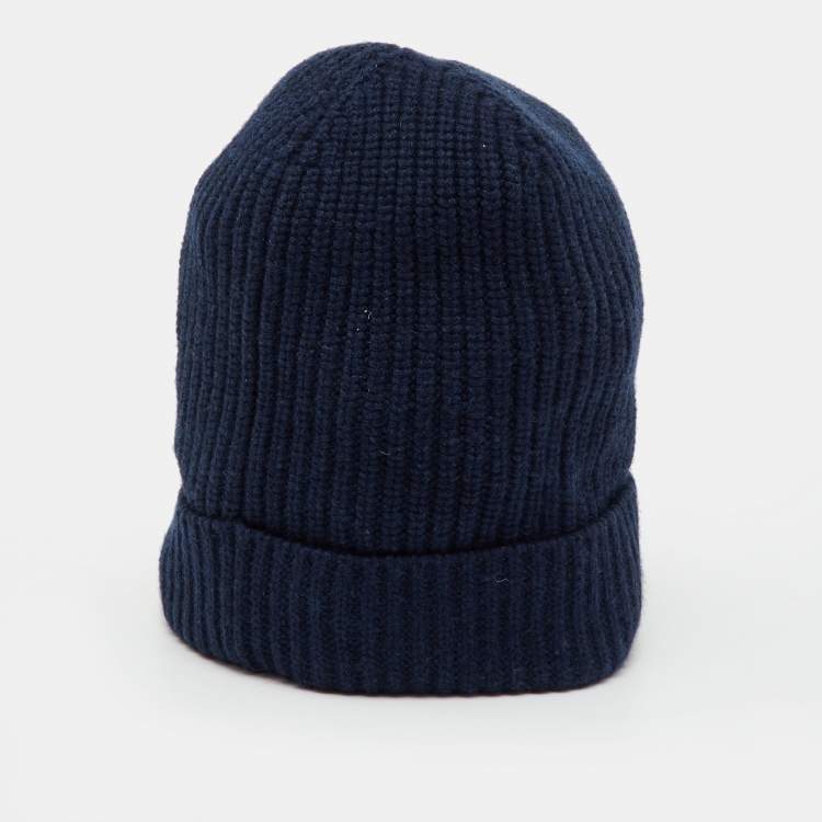 Pre Owned Celine Navy Blue Logo Cashmere Knit Beanie One Size