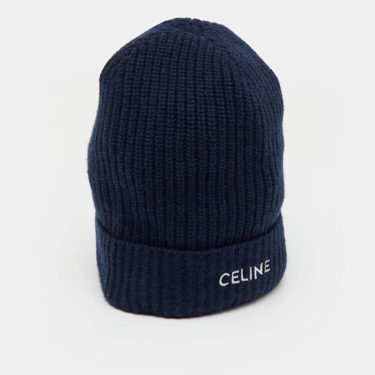 Pre Owned Celine Navy Blue Logo Cashmere Knit Beanie One Size