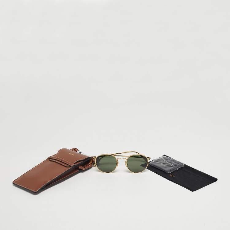 Pre Owned Celine Green/Gold Tone CL40100U Round Sunglasses